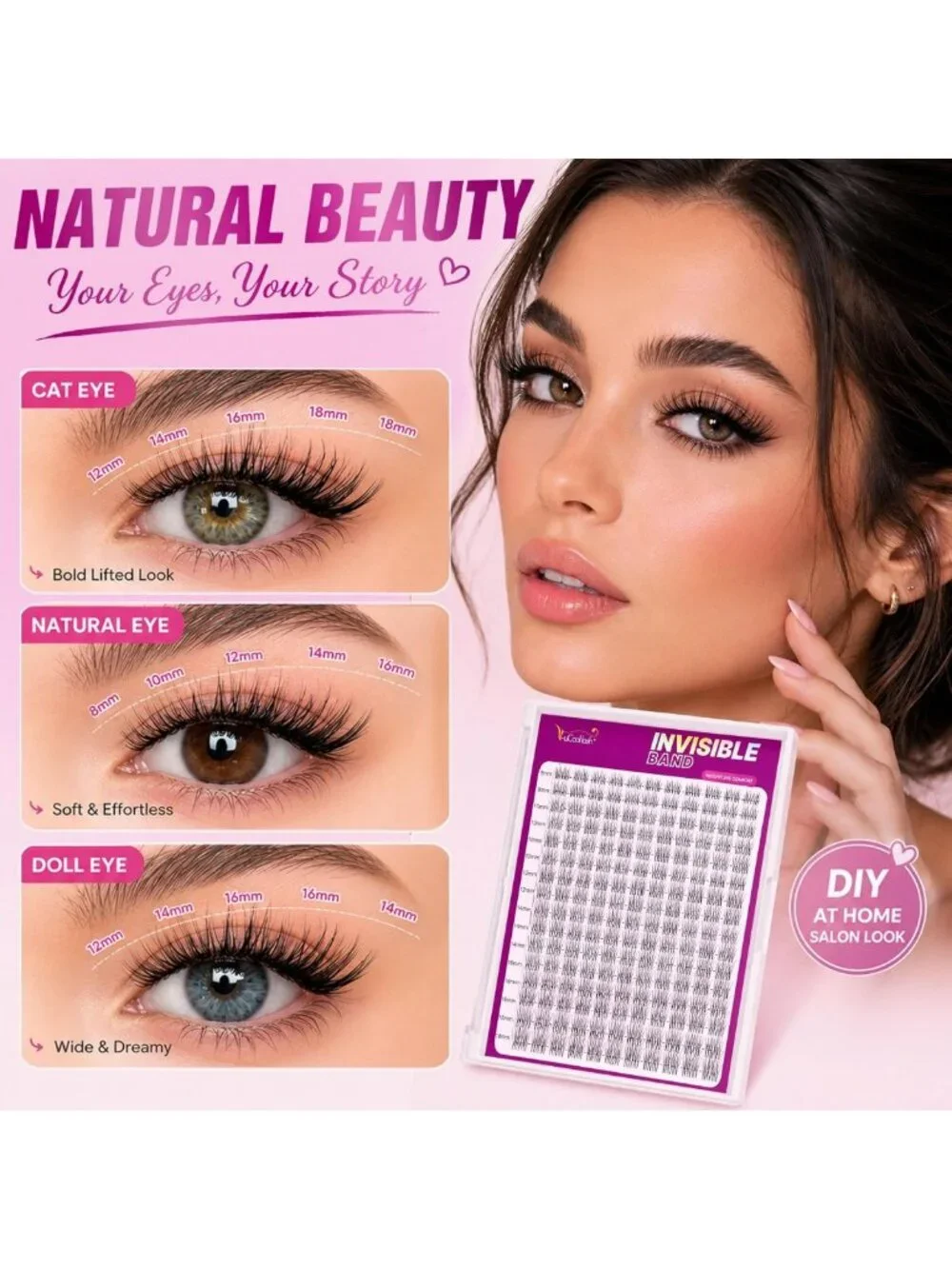 Natural Wispy Lash Clusters Kit - Invisible Band, 8-18mm Length, Fluffy Volume